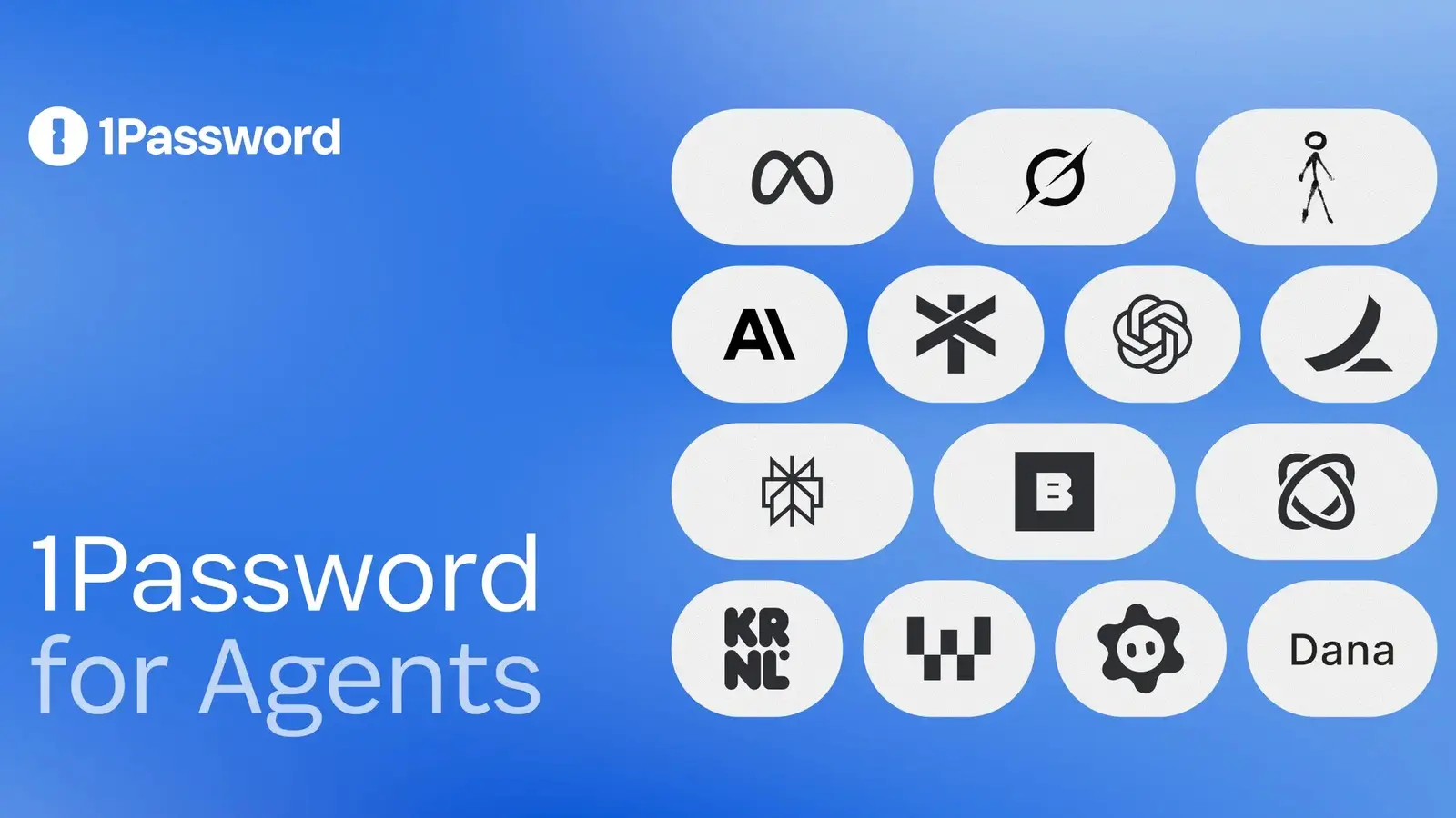 White 1Password logo and the words 1Password for Agents on a blue background, beside a grid of rounded tiles holding partner logos.