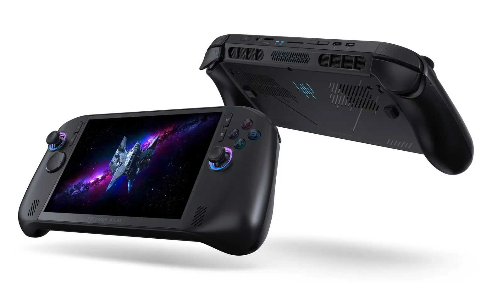 Acer Predator Atlas 8 handheld shown from the front with a space scene on its screen, beside a rear view showing the vents and top ports