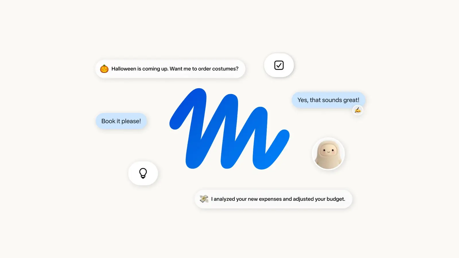 Meta's blue Muse logo surrounded by chat bubbles from an AI assistant offering to order costumes and adjust a budget.