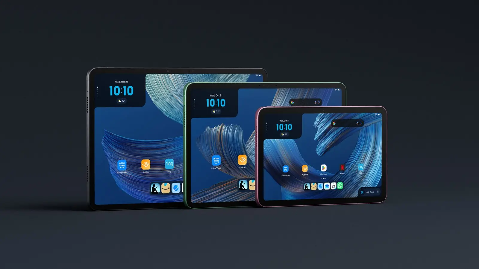 Three Amazon Alexa Tablets of different sizes and colors, shown at an angle with their home screens on.