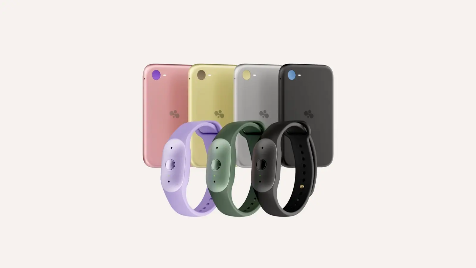 Three Bee Frontier wristbands in lavender, green and black in front of four Bee Eclipse phone attachments in pink, yellow, silver and black, in an Amazon press image.