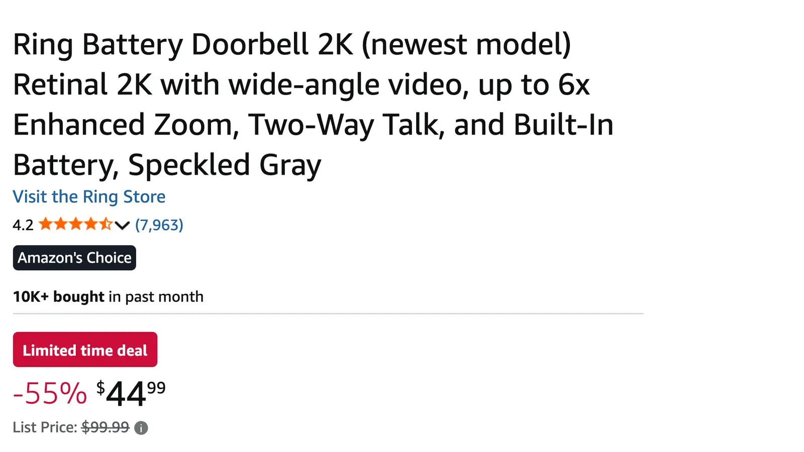 The top of an Amazon listing for the Ring Battery Doorbell 2K, showing the product title, a 4.2-star rating, a Limited time deal badge, a 55 percent discount and a price of $44.99 above a $99.99 list price.