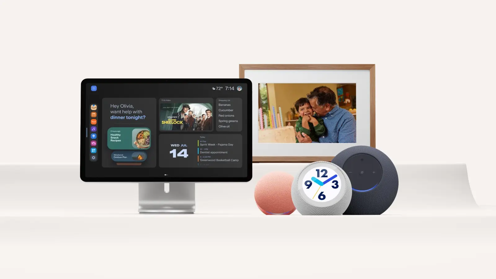 Amazon's 2026 Echo devices shown together: Echo Show 16, Alexa Photo Frame, Echo Time, Echo Studio and Echo Dot.