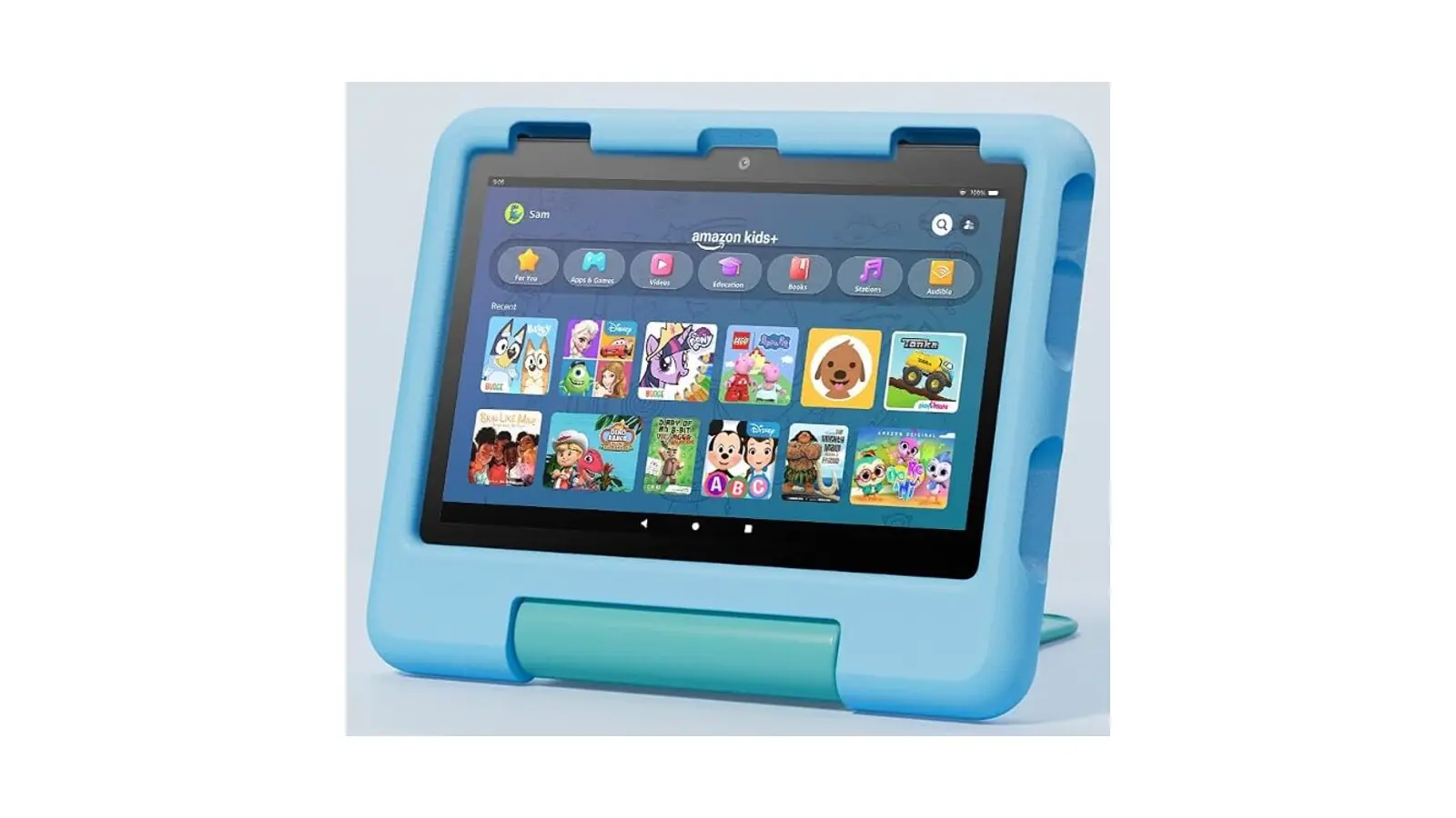 The Amazon Fire HD 8 Kids tablet in a light blue kid-proof case with a teal fold-out stand, its screen showing the Amazon Kids+ home page.