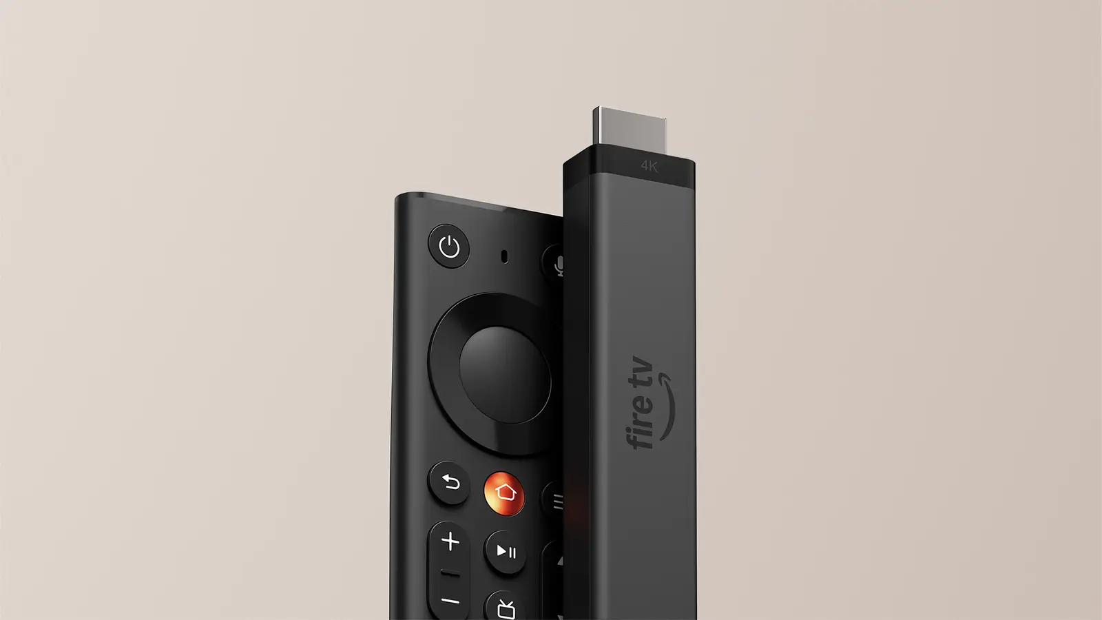 A black Fire TV Stick 4K standing upright beside the top of its new black remote, against a soft beige background.