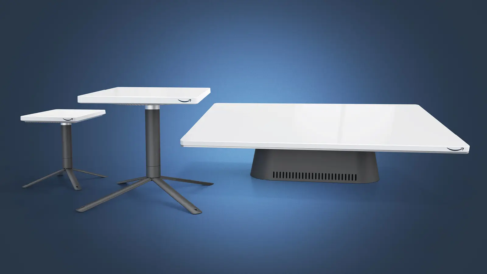 Three white square Amazon customer antennas on a blue background: a small one and a medium one on tripod stands, and a wide flat one on a vented base.