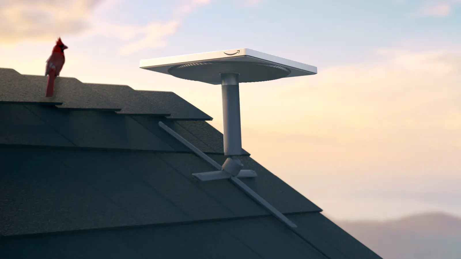 A white, square Amazon Leo customer antenna with the Amazon smile logo on top, mounted on a pole above a dark shingled roof at dusk, with a red bird perched on the ridge.