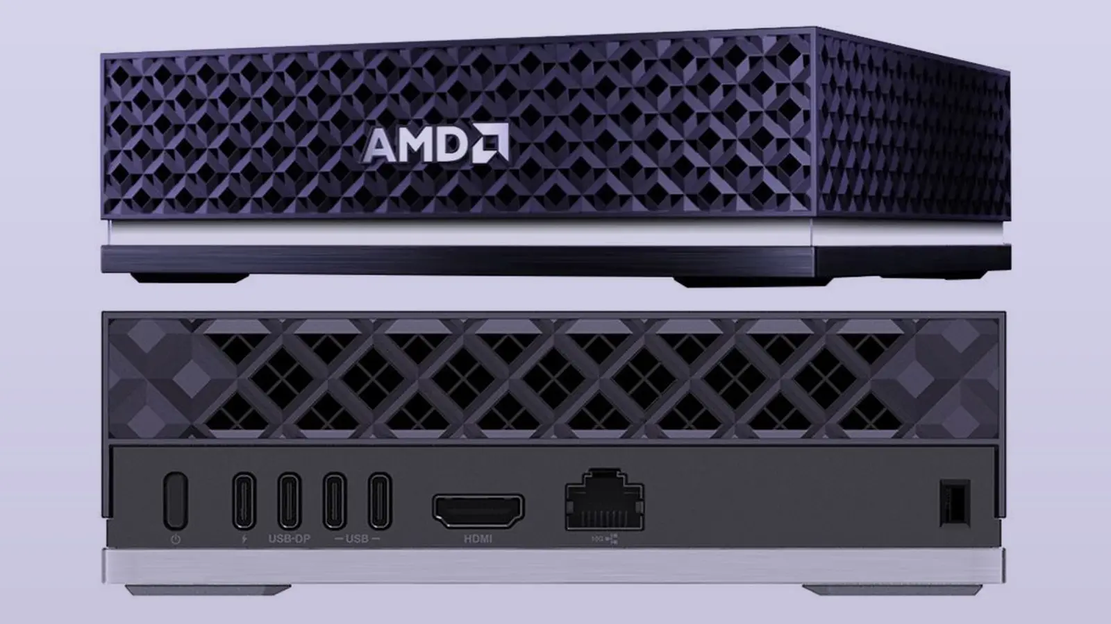 Front and rear views of AMD's Ryzen AI Halo developer platform mini PC, stacked: a diamond-grille case with an AMD logo above, and the rear with power button, four USB-C ports, HDMI and 10GbE Ethernet below.