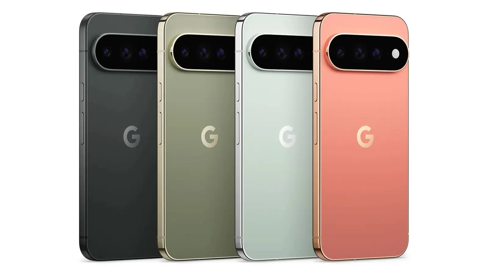 Four Pixel 11 Pro XL phones in different colours, seen from the back with the Google G logo.