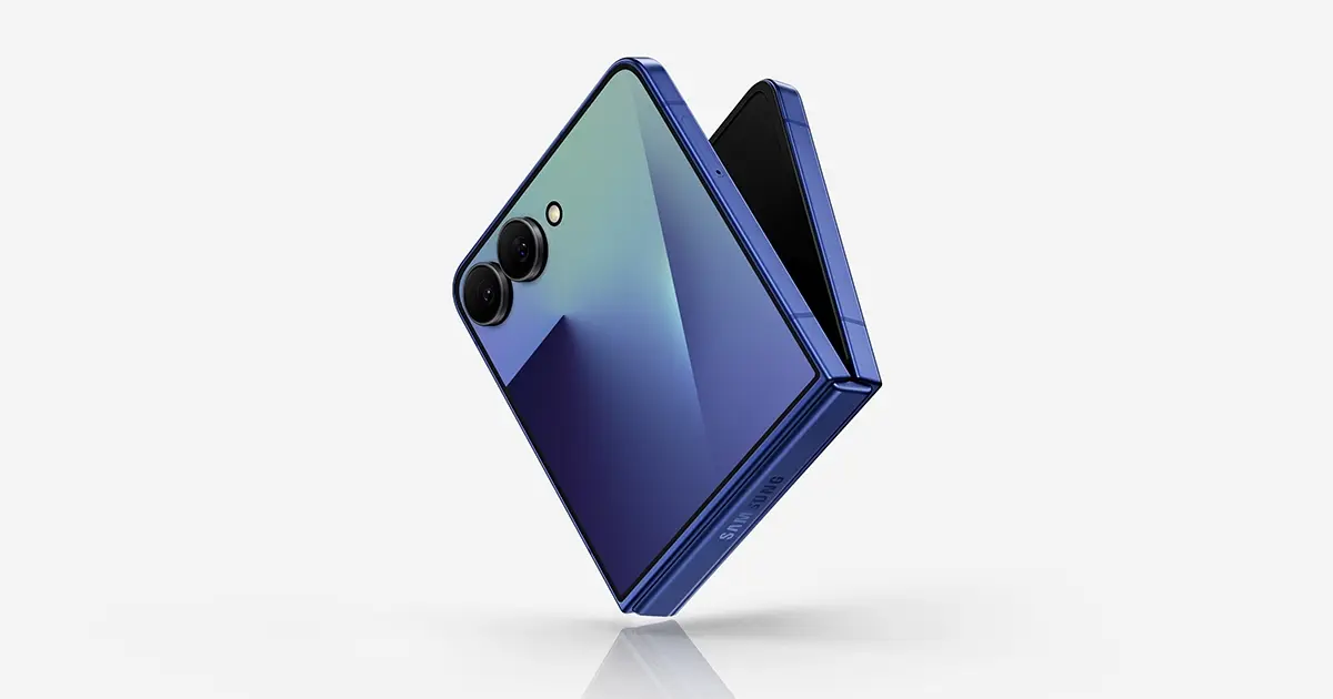 A Samsung Galaxy Z Flip7 clamshell foldable shown partly folded.