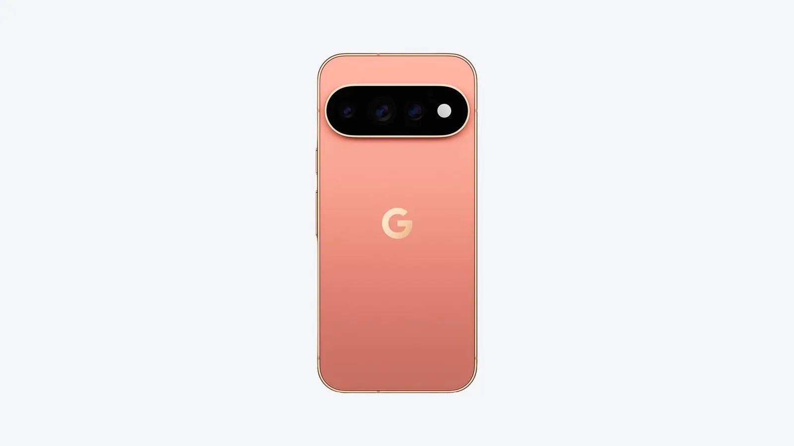 Back of a coral Google Pixel 11 Pro XL Android phone with its camera bar and G logo on a plain light background