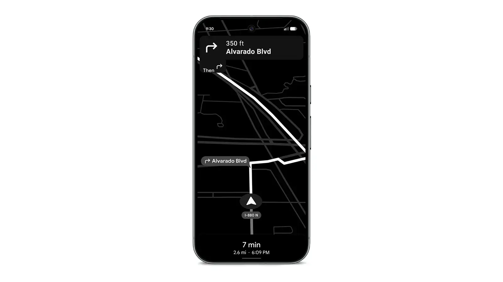 Google's image of a Pixel 10 Pro running Google Maps turn-by-turn navigation in a dark map view.