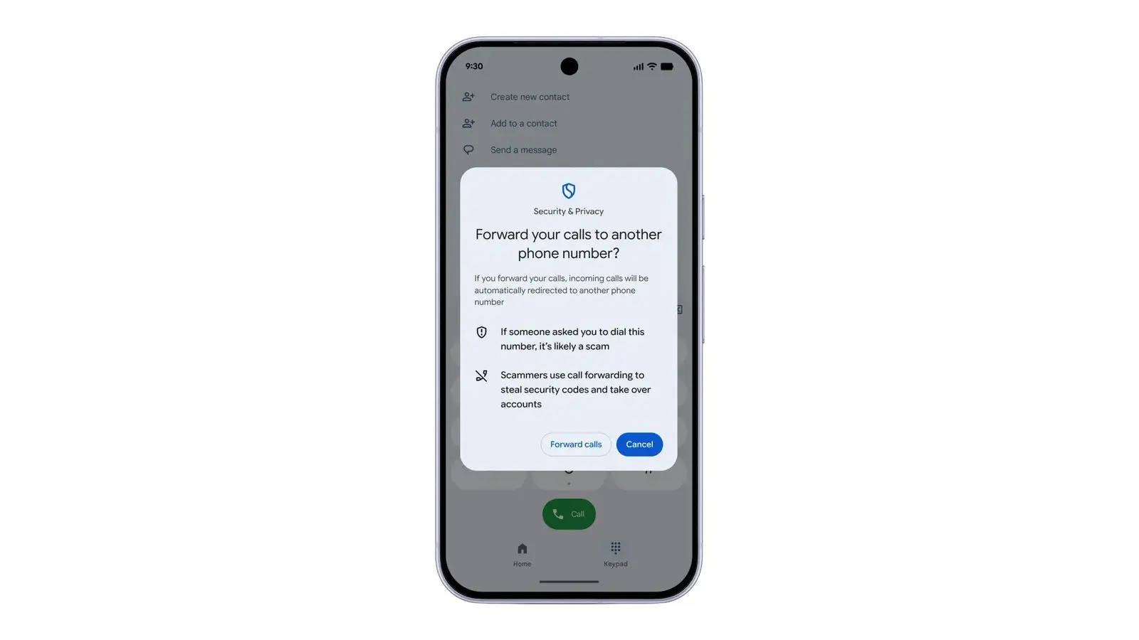 A phone screen showing Android's call-forwarding warning dialog, 'Forward your calls to another phone number?', which says scammers use call forwarding to steal security codes.