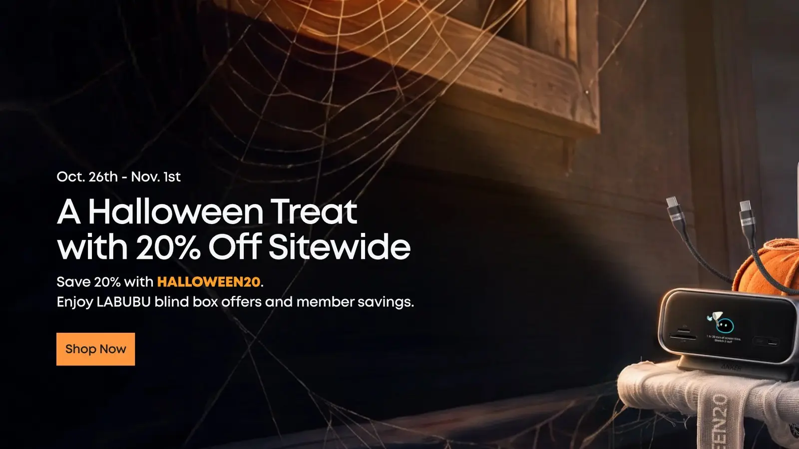 Anker's Halloween sale banner reading A Halloween Treat with 20% Off Sitewide, with the code HALLOWEEN20 and a Shop Now button on a dark cobweb background.