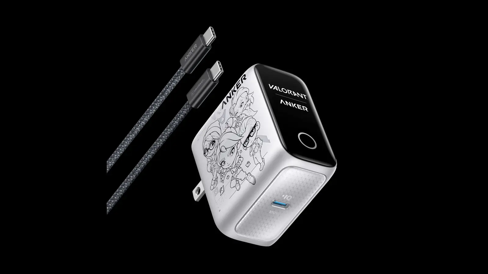 A silver Anker wall charger with a black display reading VALORANT and ANKER, agent line art on its side and one USB-C port marked 100W, with two braided black USB-C cables.