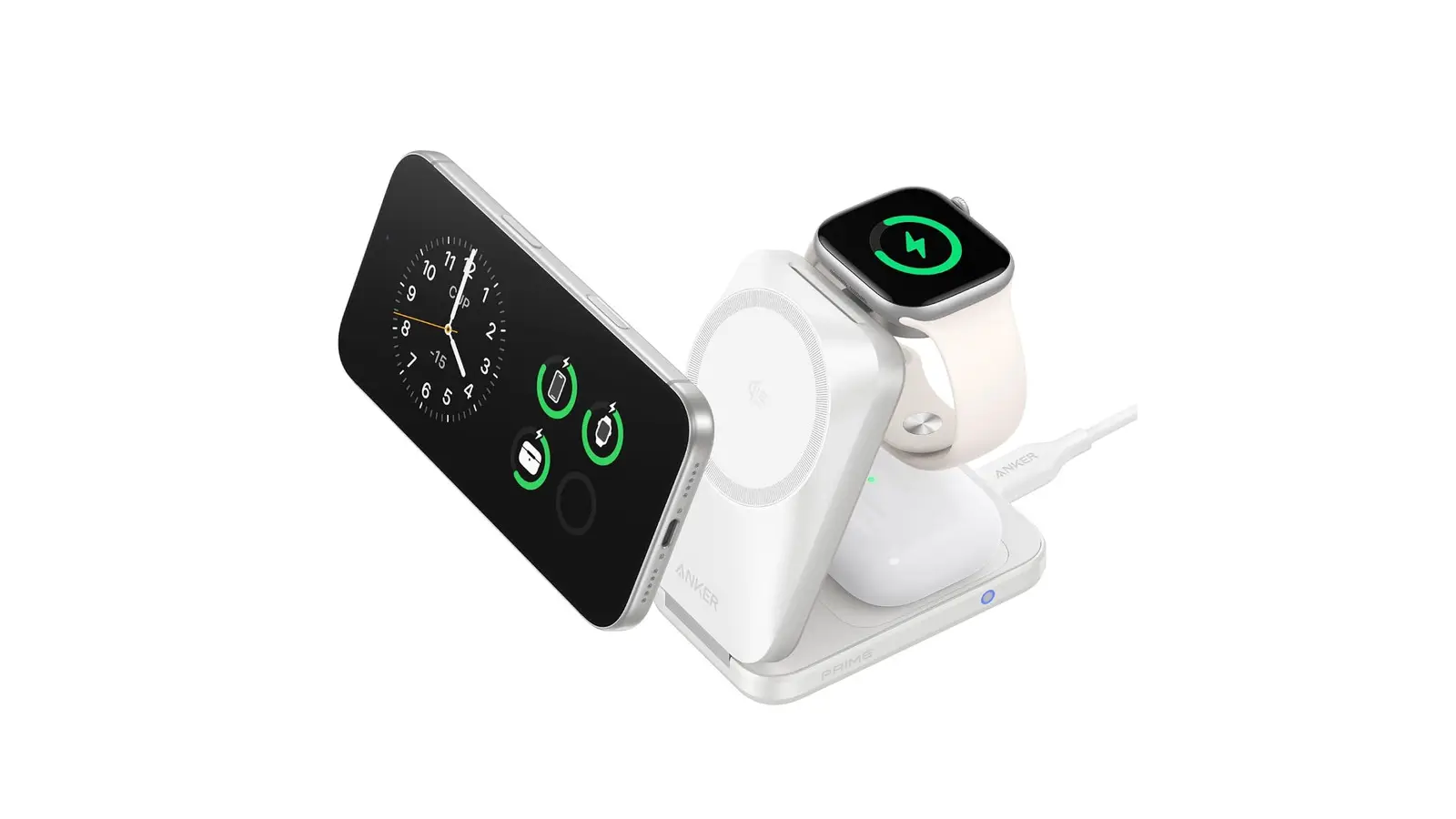 A white Anker three-in-one charging stand holding a phone, a smartwatch and an earbuds case, on a plain white background.