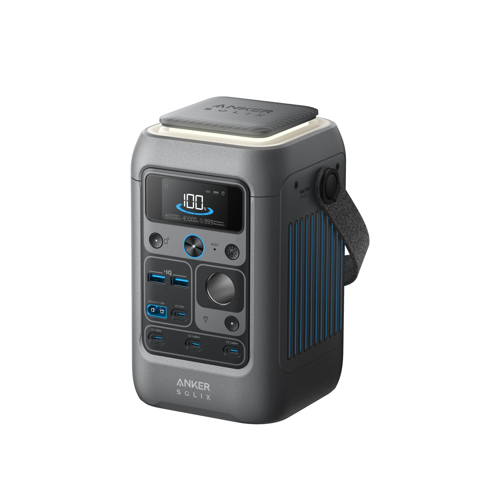 Anker SOLIX C300 DC power station at an angle, showing its display and its USB-A and USB-C ports and solar input.