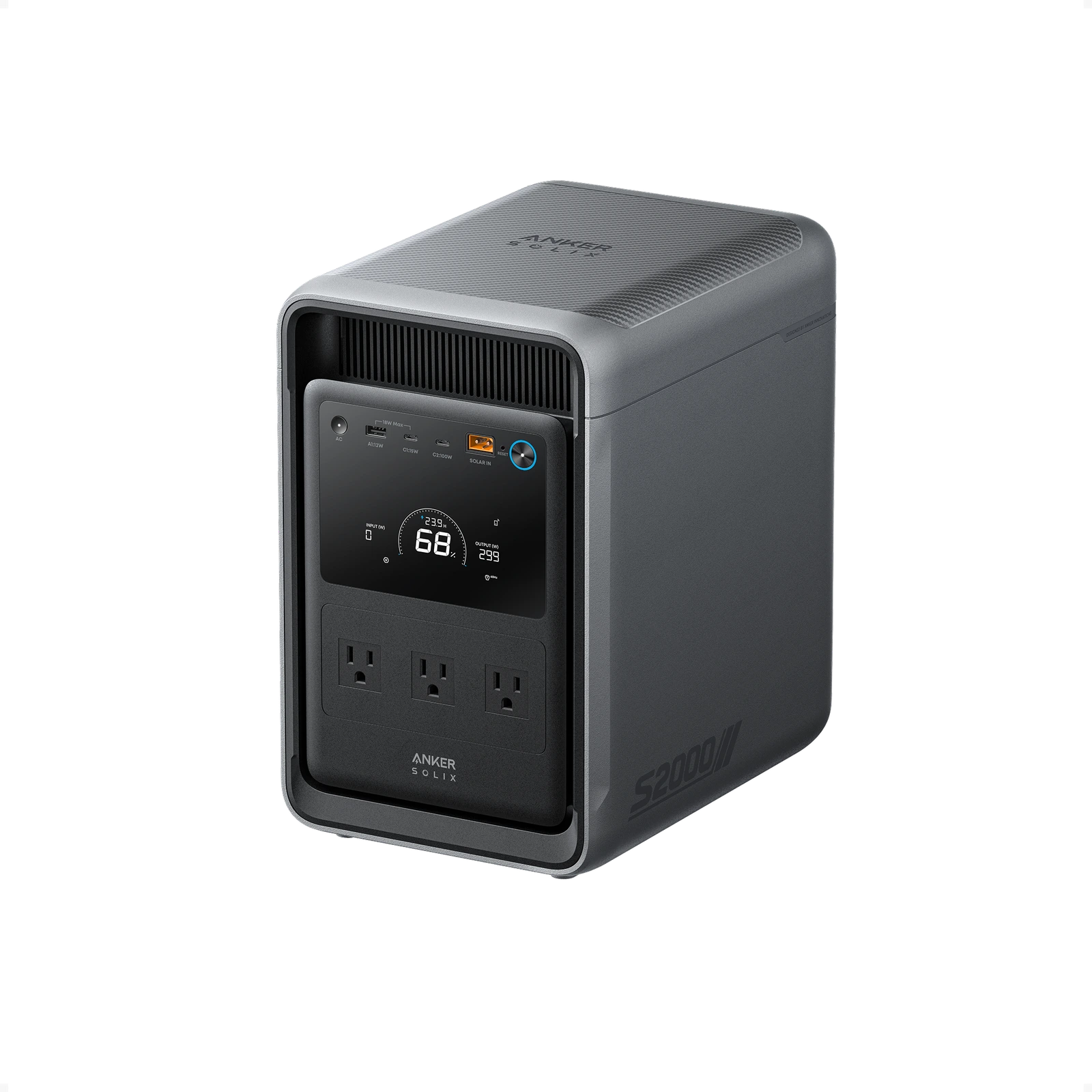 Anker SOLIX S2000 power station seen from the front, showing its display, USB ports and three AC outlets.