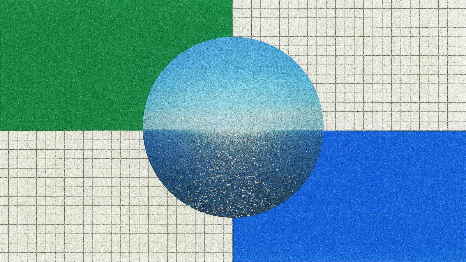 Abstract header graphic: a circle showing a calm sea under a pale sky, set across green and blue blocks on a grid-paper background.