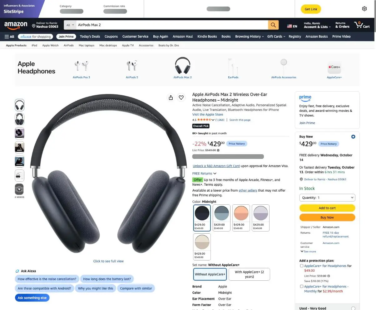 Amazon.com product listing for Apple AirPods Max 2 showing the $429.00 price, the $549.00 List Price and Buy New.