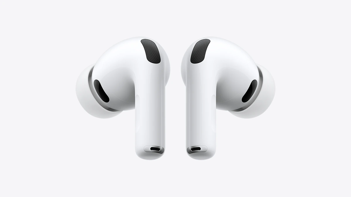 A pair of white Apple AirPods Pro 3 earbuds shown side by side against a light grey background.