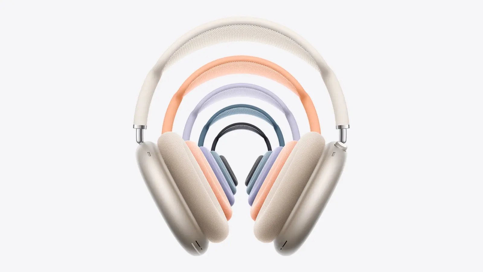 Apple AirPods Max 2 over-ear headphones in a pale finish, with smaller colored headbands in orange, lavender, blue and black nested inside.