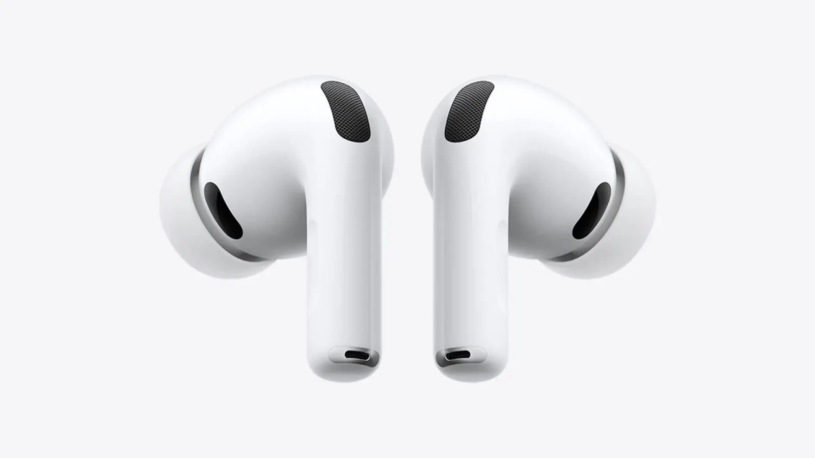 Apple product image of a pair of white AirPods Pro 3 earbuds shown side by side against a light gray background.