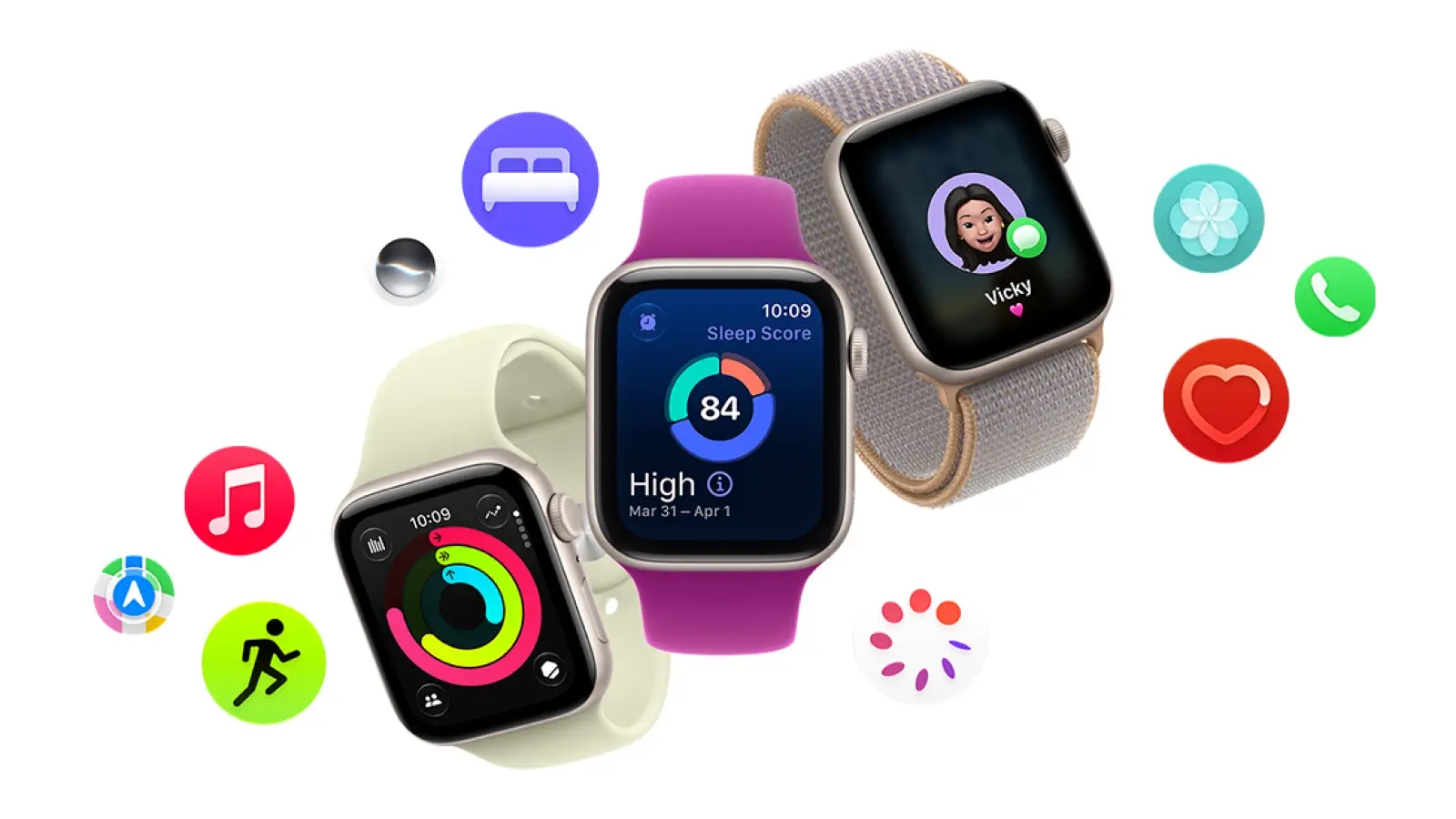 Three Apple Watch SE 3 watches in different bands, showing Activity rings, a Sleep Score of 84 and a Messages contact, surrounded by app icons.