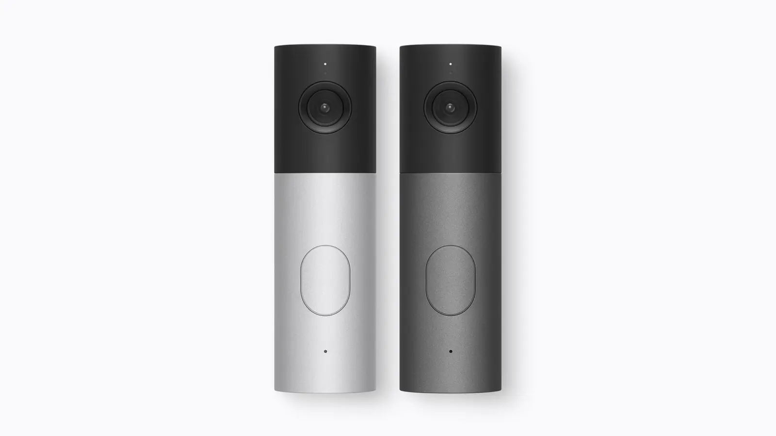 Two LG video doorbells side by side, one silver and one graphite, each with a camera lens above a round button.