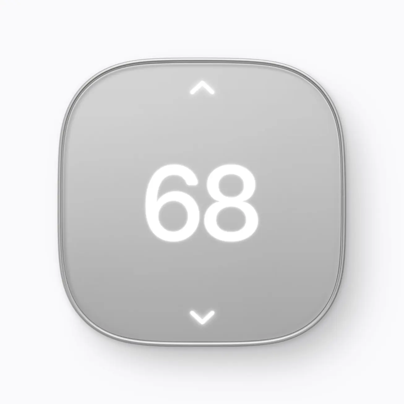 A square silver Schneider Home thermostat with a 68 setpoint and up and down arrows.