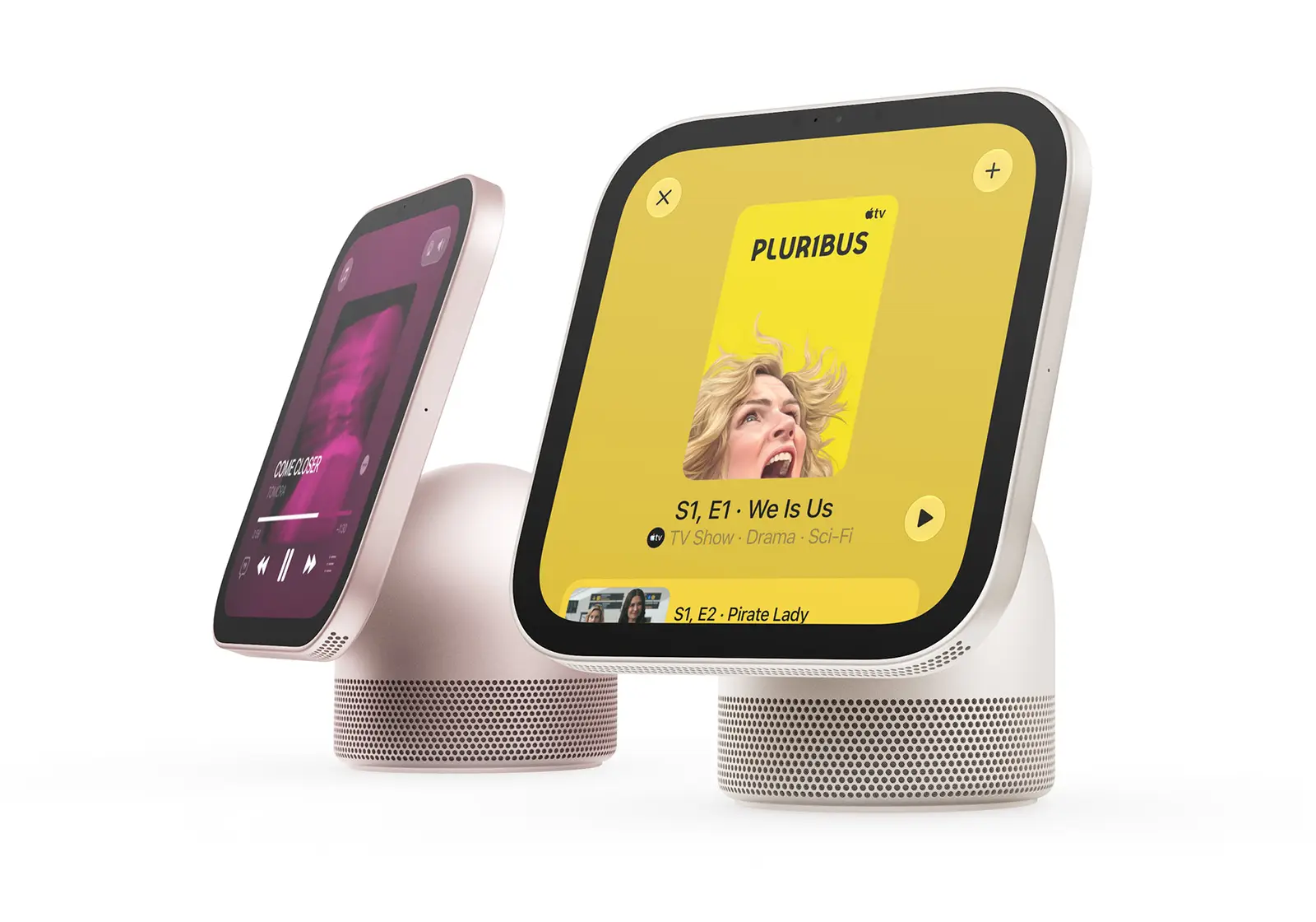 Two HomeView displays on speaker bases in pink and starlight, one showing a music player and the other an Apple TV listing for the show Pluribus.