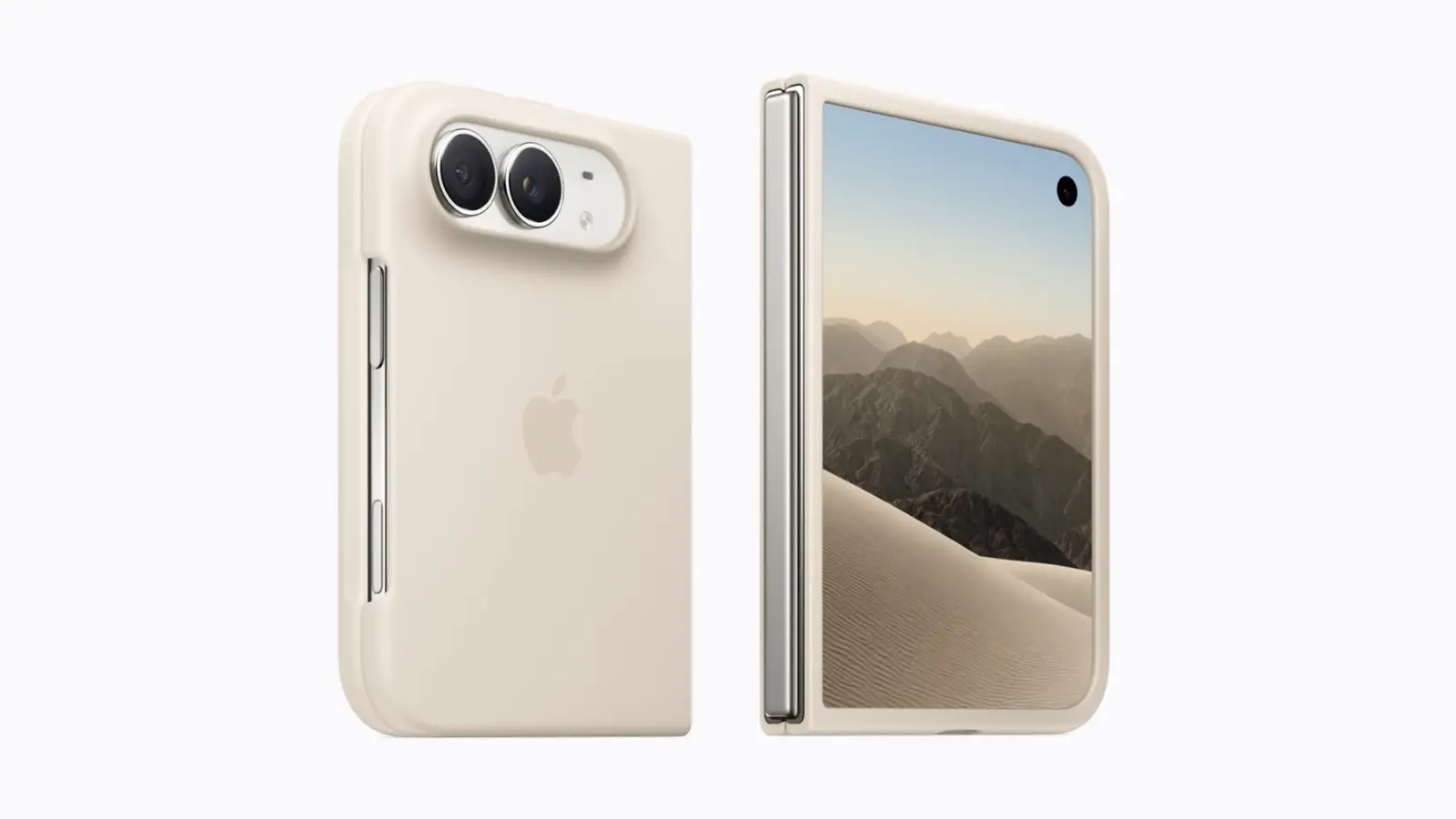 Front and rear views of Apple's iPhone Duo in a sand case, with a desert wallpaper.