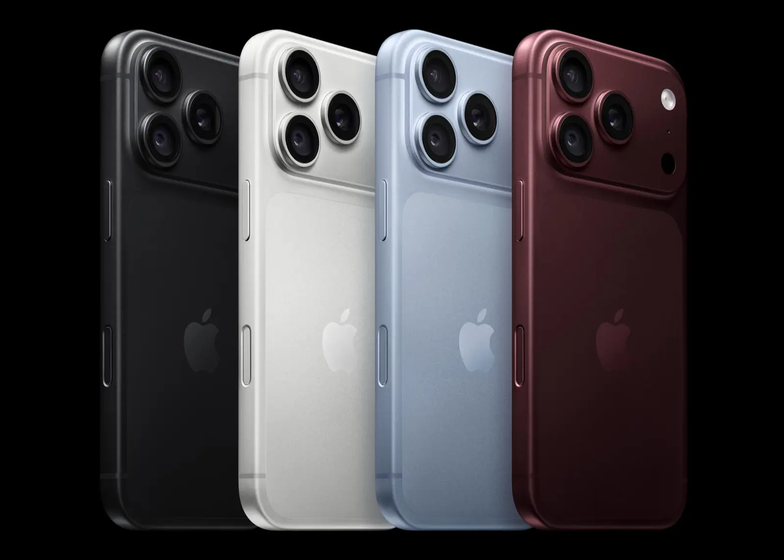 Four colours of the current iPhone 18 Pro, seen from the back, in black, silver, glacier and burgundy, in an Apple press image. This is the current iPhone 18 Pro, not a new or rumoured model.