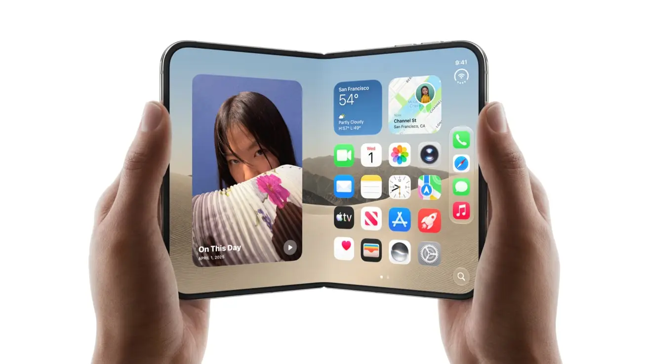 Apple's iPhone Duo open in two hands, showing the 7.6-inch inner display with its Home Screen.
