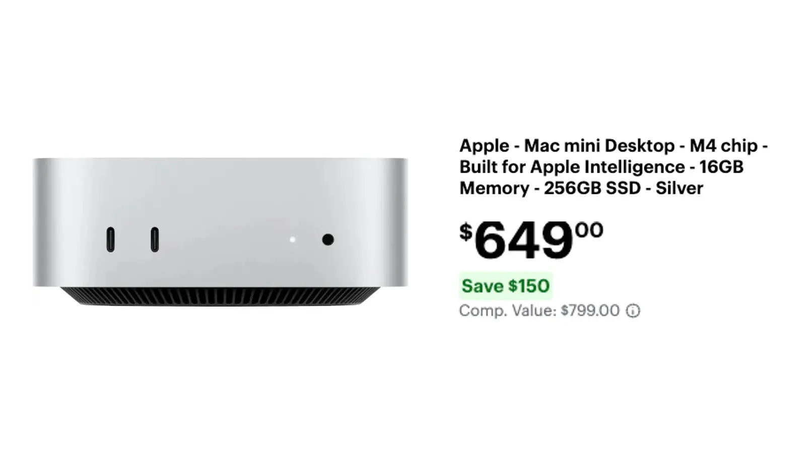 Best Buy listing detail: a silver Mac mini seen from the front, beside its product title and a $649.00 price marked Save $150.
