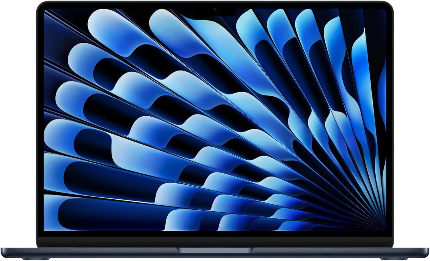 Apple 13-inch MacBook Air with M5 chip in Midnight, open with a blue wave wallpaper on its screen, shown on a white background.