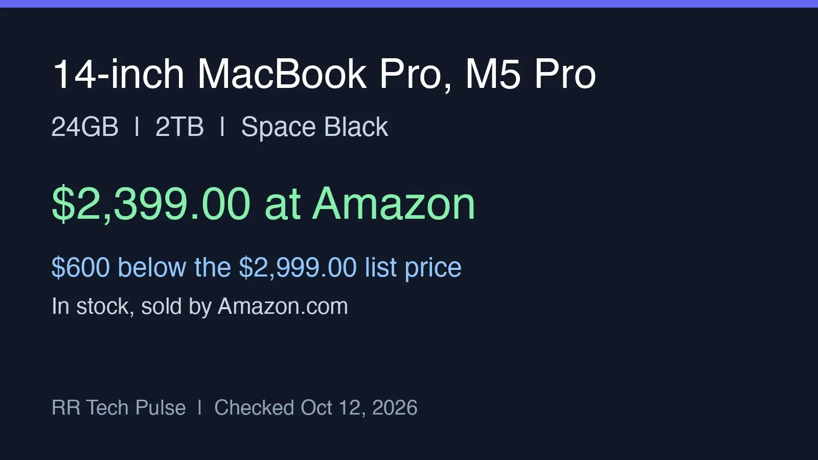 Original RR Tech Pulse graphic: 14-inch MacBook Pro M5 Pro 24GB 2TB, $2,399.00 at Amazon, $600 below the $2,999.00 list price.