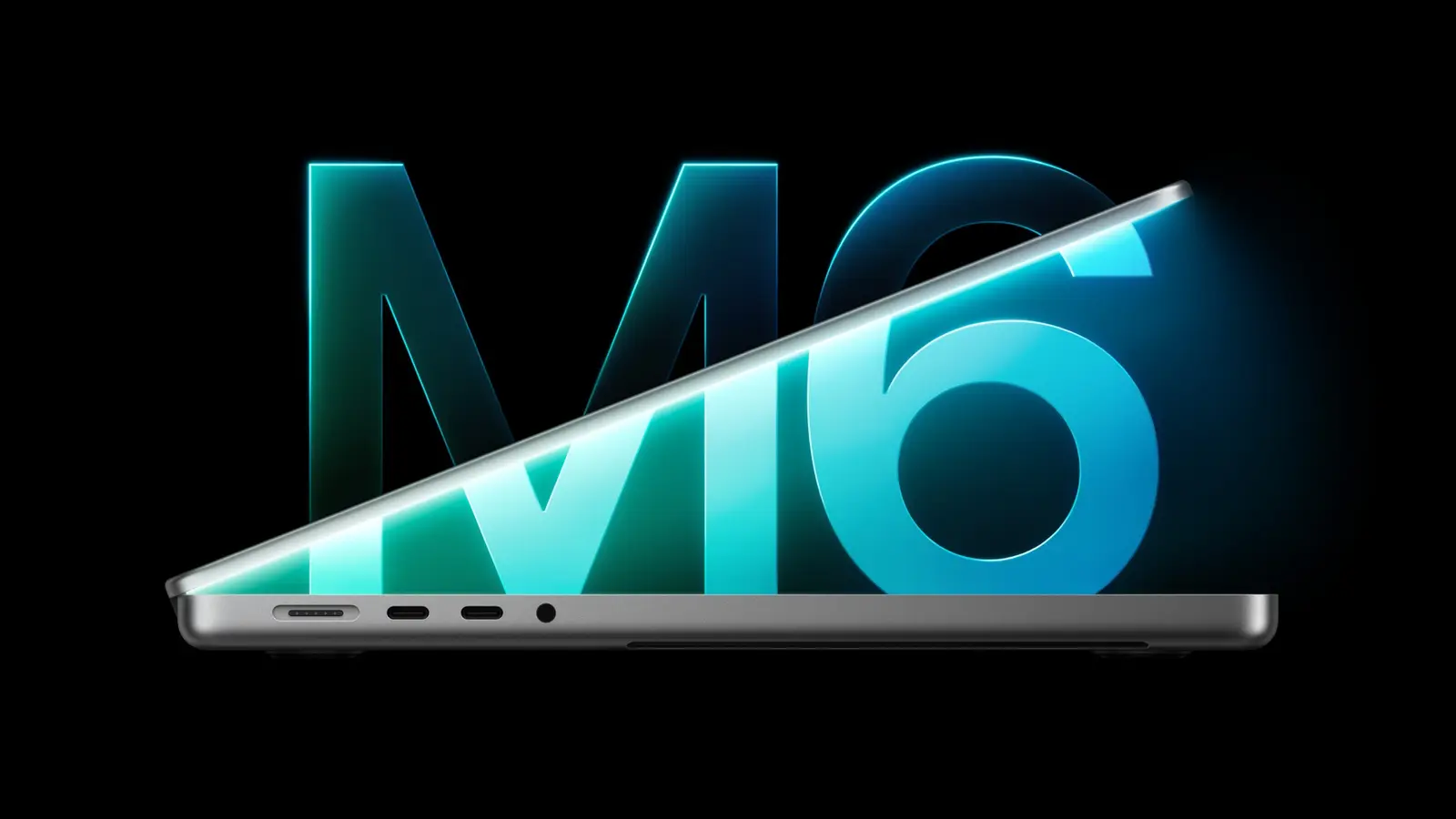 A partially open 14-inch MacBook Pro in profile in front of a glowing M6 symbol.