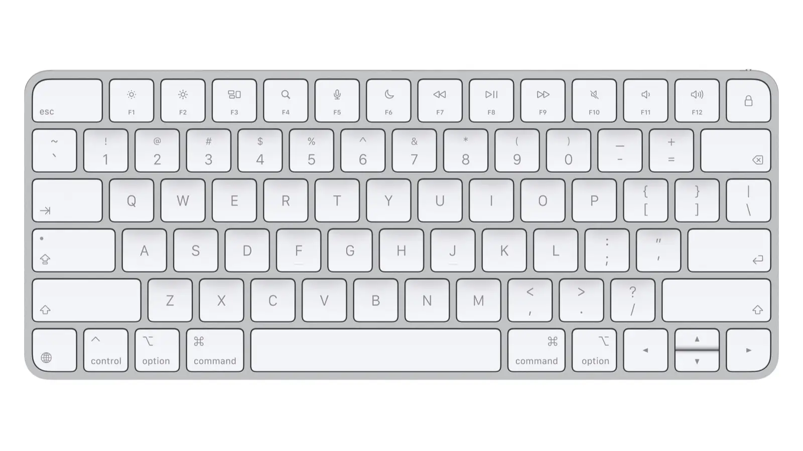 A white and silver Apple Magic Keyboard seen from above, with the function row, number row and arrow keys on a plain white background.