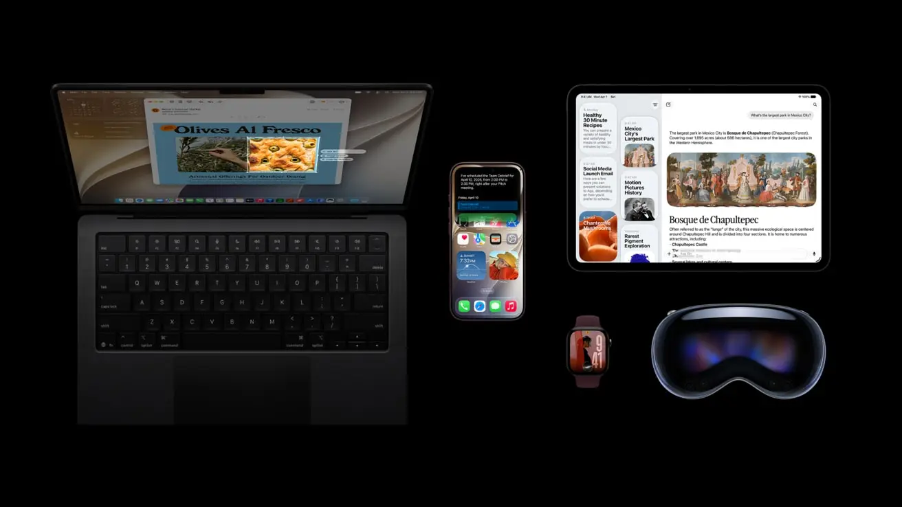 Apple's iOS 27 availability image on a black background: a MacBook, an iPhone with its Home Screen, an iPad, an Apple Watch and Apple Vision Pro.