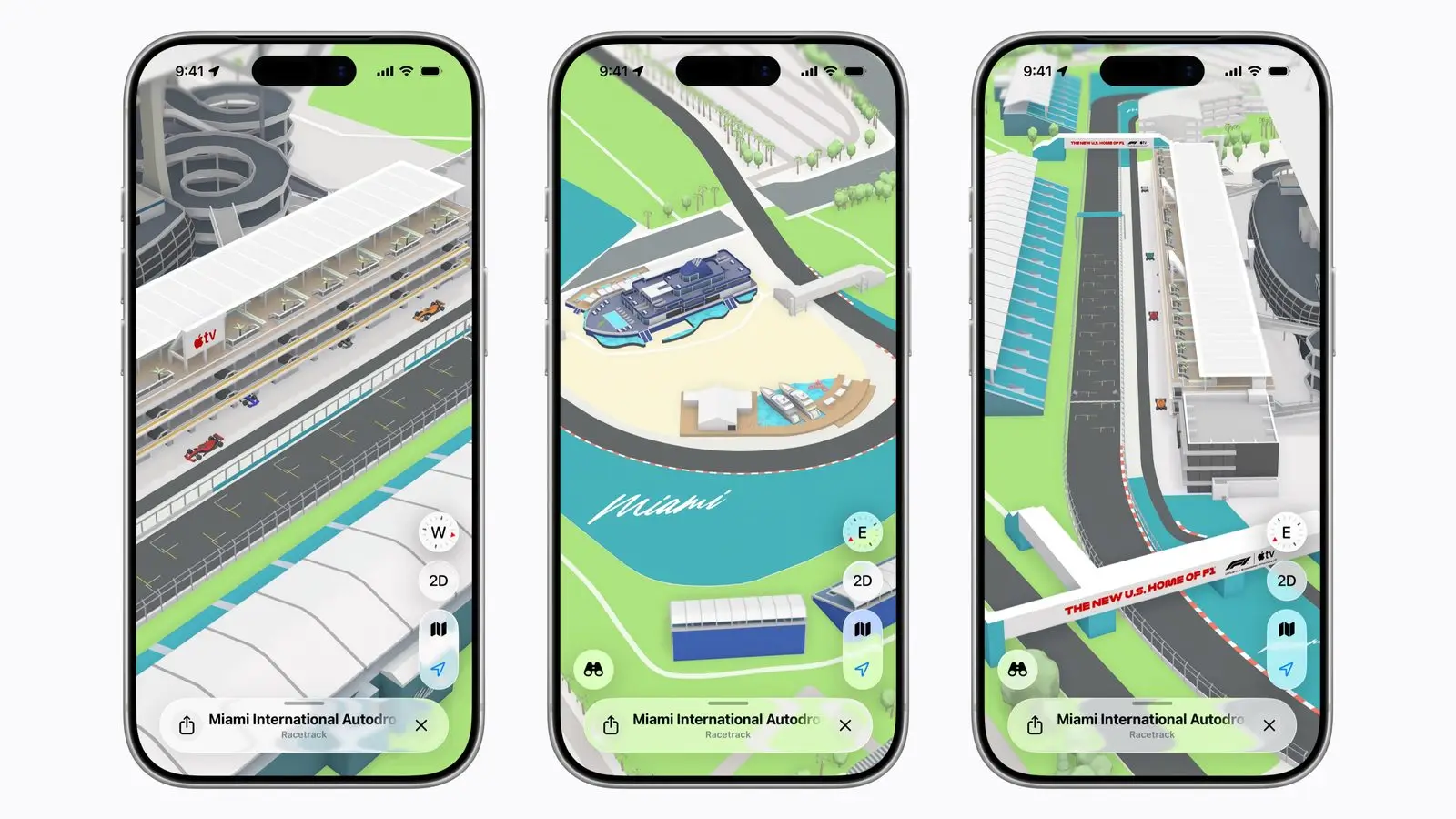 Three iPhones showing Apple Maps 3D views of the Miami International Autodrome F1 circuit: a pit building and grandstand, a marina, and a long grandstand beside the track.