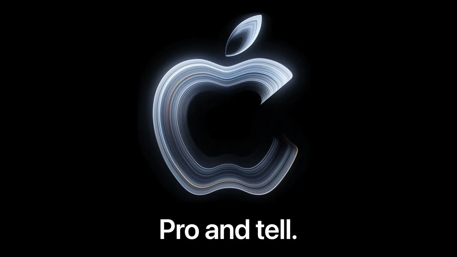 A glowing, layered silver Apple logo on a black background above the words "Pro and tell."