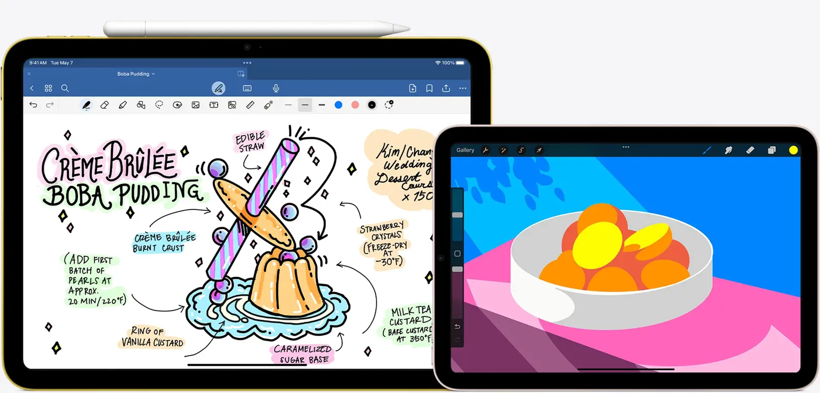 An Apple Pencil above a yellow iPad showing a handwritten recipe note, beside a pink iPad mini showing a colorful digital painting.