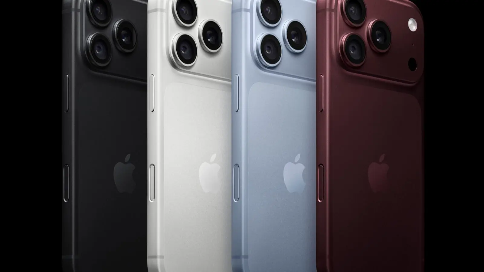 Four iPhone 18 Pro phones seen from the back in black, silver, blue and burgundy against a black background.