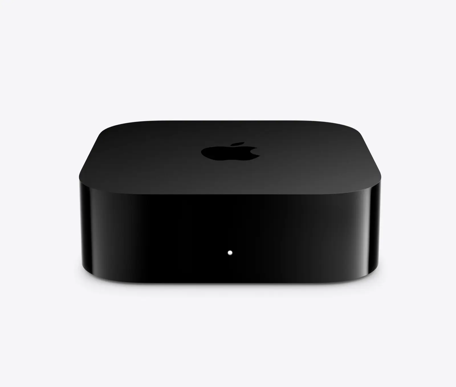 Front view of the black Apple TV 4K box with the Apple logo on top and a small white status light on the front.