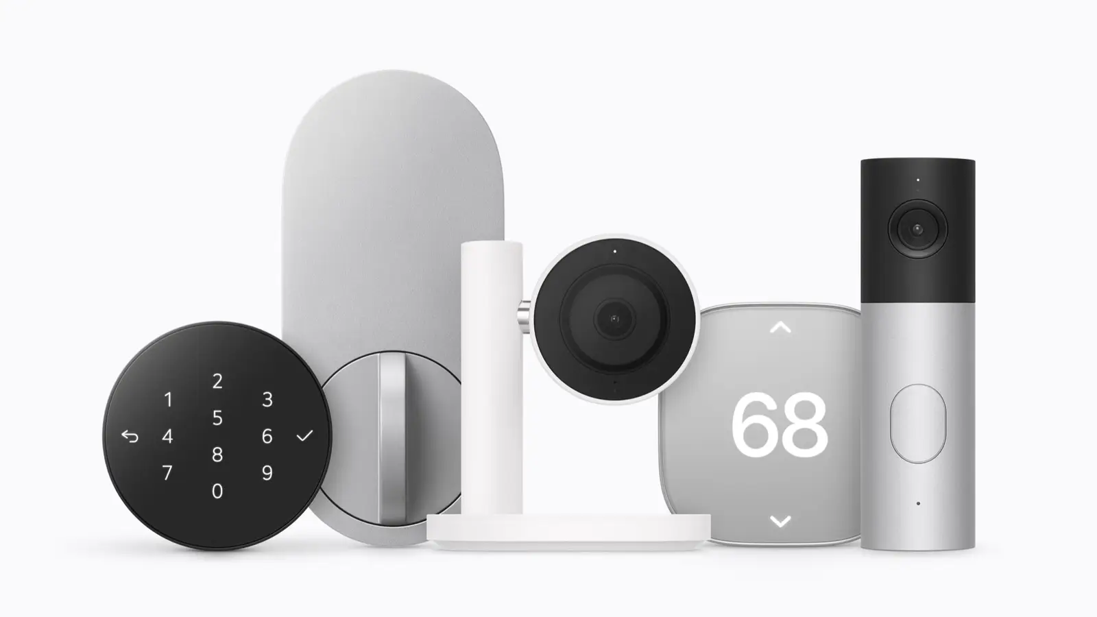Apple Home Collection accessories: a smart deadbolt lock with keypad, an indoor camera, a thermostat showing 68 and a video doorbell, on a plain light background.