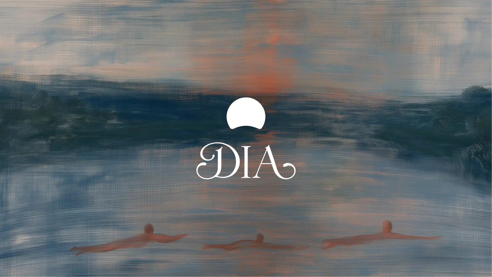 The Dia logo, a white half-sun above the word DIA, over a painted dusk landscape with three swimmers in water.