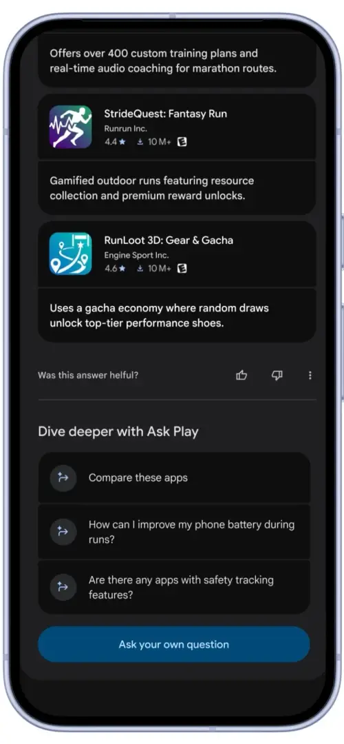 A phone showing Ask Play answers for running apps, with a Dive deeper with Ask Play list whose first item is Compare these apps.