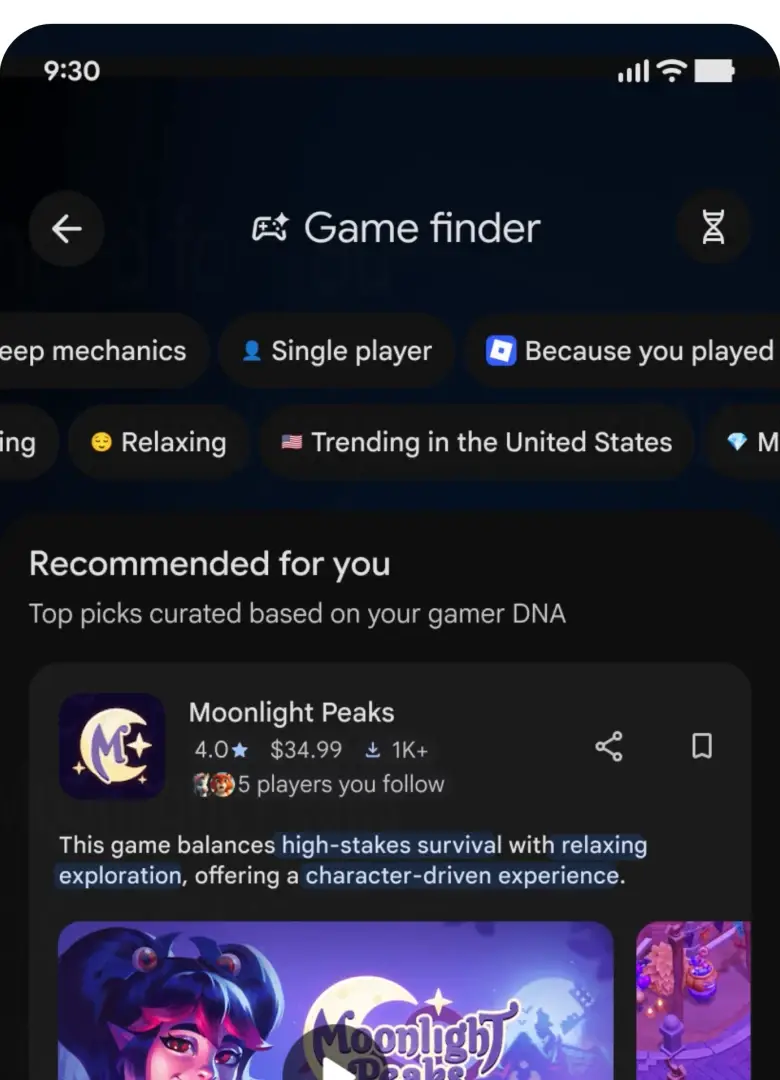 A phone showing the Game finder page with filter chips and a Recommended for you list led by a game called Moonlight Peaks.