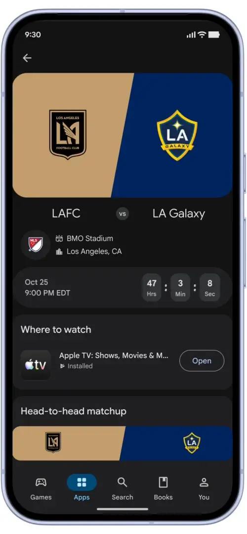 A phone showing a Google Play sports page for LAFC versus LA Galaxy with a Where to watch row listing Apple TV.